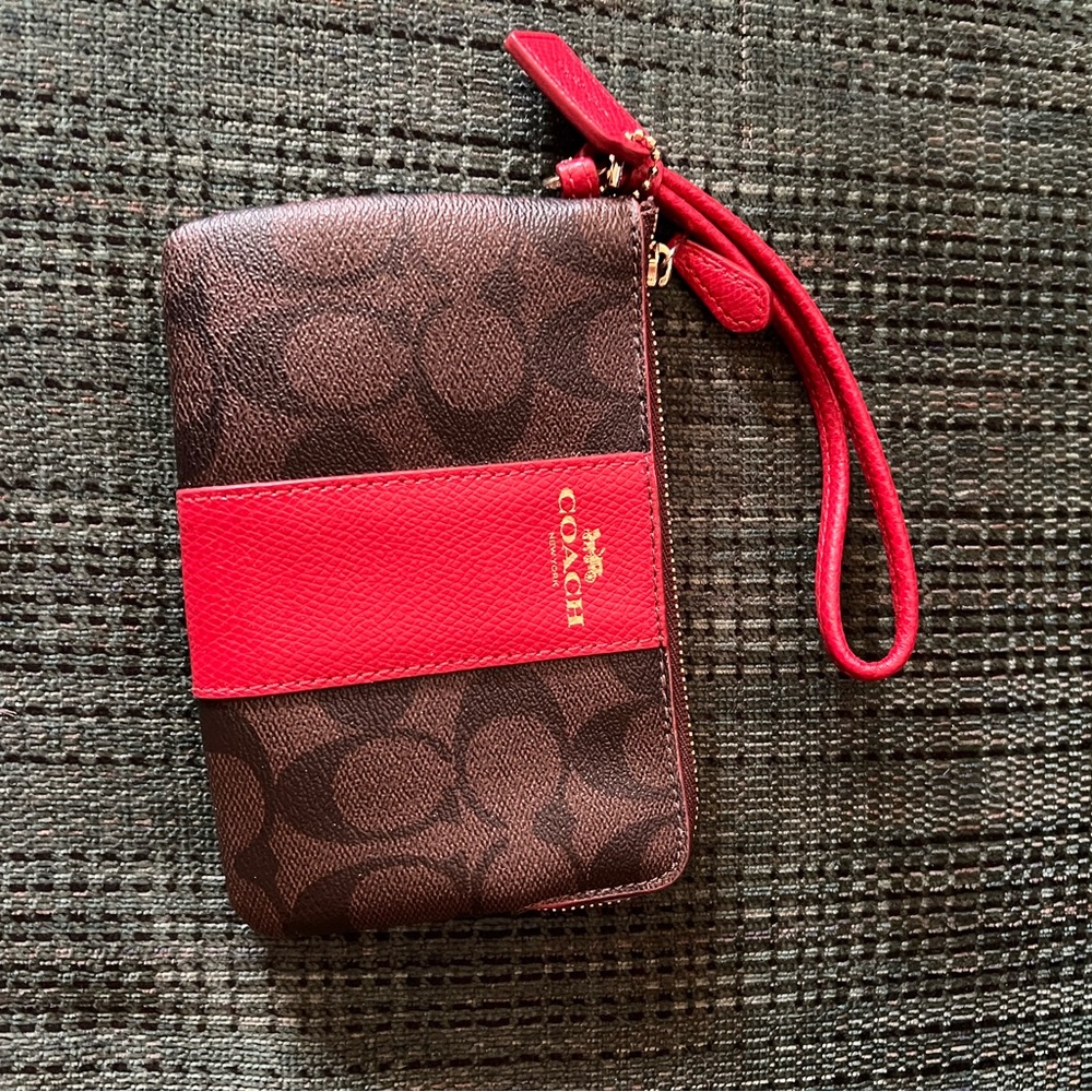 Coach Brown Signature Wristlet with Red Accent